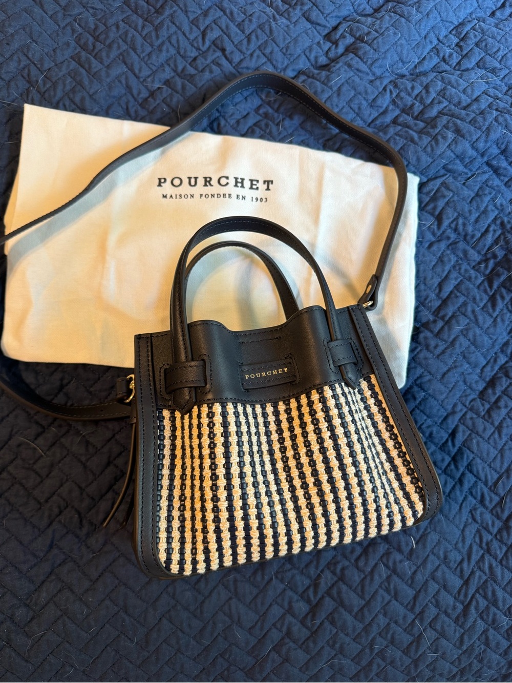 Pourchet Black and Cream Woven Crossbody Bag